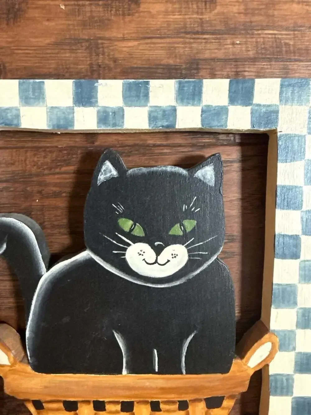Pat Isaac Vintage Wood Cutout Wall Art Set Cat & Dog in Baskets Checked Borders